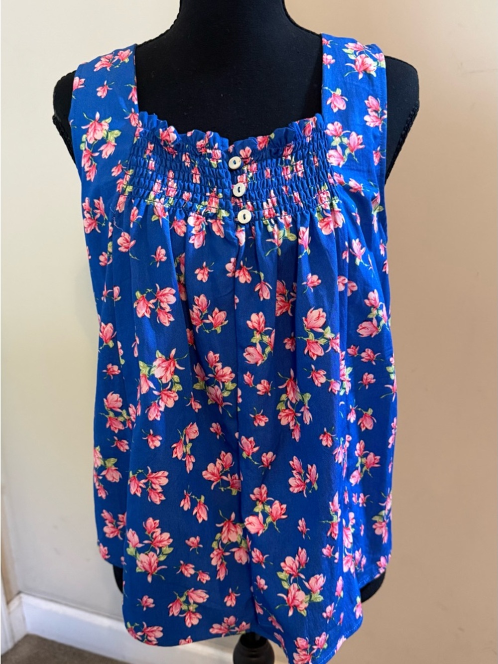 Draper James Blue Floral Smocked Square-Neck Camisole with Pink Blooms